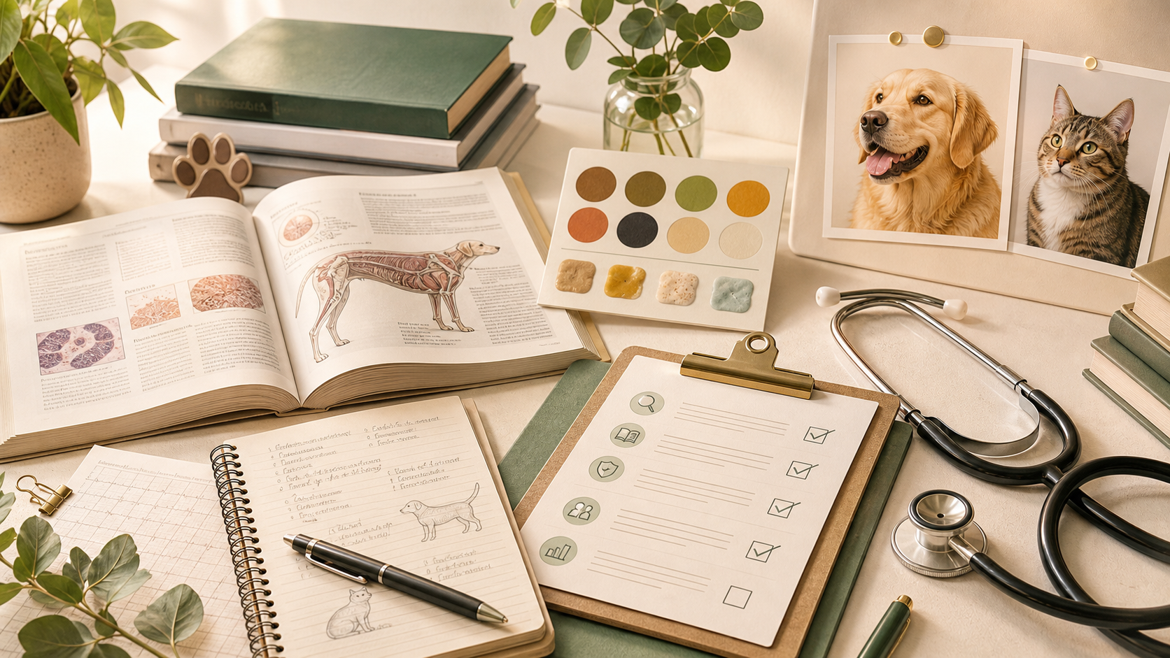Generated veterinary source review desk with reference books, pet notes, and stool color swatches.