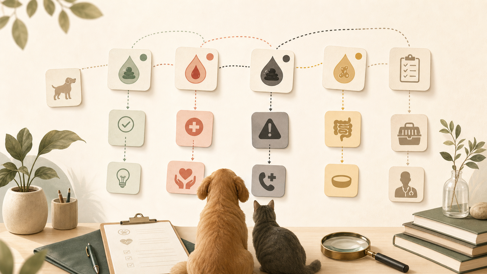 Generated pet stool symptom decision flow with color, texture, vet-call, and checklist symbols.